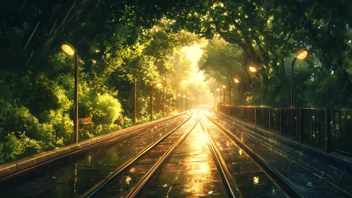 Sunlit tram tracks curve through luminous rain-soaked forest.