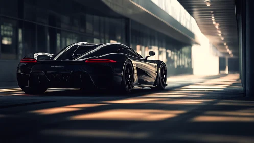 Carbon-fiber hypercar under modular canopy in raking sunlight.