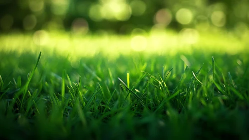 Close-up of Lush Green Grass with Soft Morning Bokeh Effect.