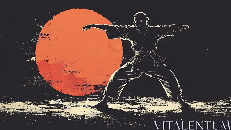 Martial artist poised in sunset-strengthened stillness.