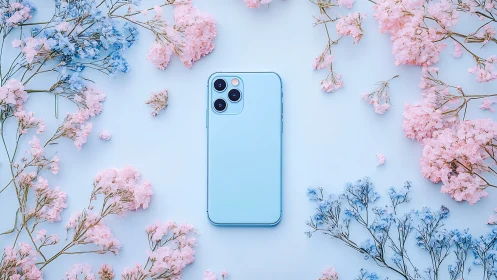 Light Blue Smartphone With Triple-Lens Camera Against Floral Background.