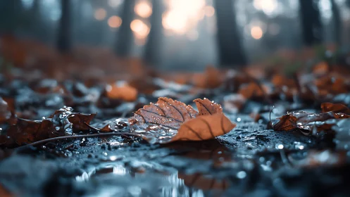 Soft morning light settles gently on dew kissed autumn leaves