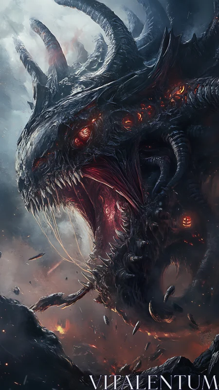 Colossal demonic dragon emerging from fiery chasm.