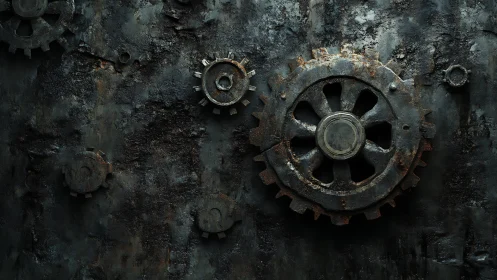 Rusty industrial metal gears on dark corroded surface.