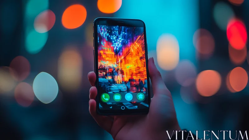 Smartphone held in hand with vivid city lights on screen.