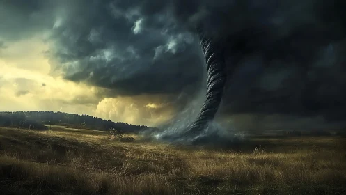 Massive tornado crossing open field under storm clouds.