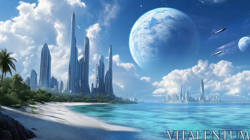 Futuristic Coastal Metropolis with Planetary Skyline.