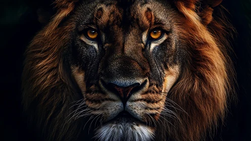 Close frontal view of lion face in low key lighting.