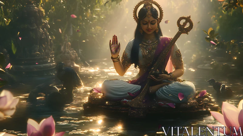 Divine musician meditates on lotus raft in glowing forest water