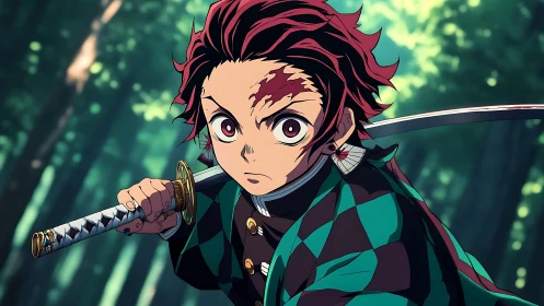 Anime swordsman holds katana in defensive forest stance