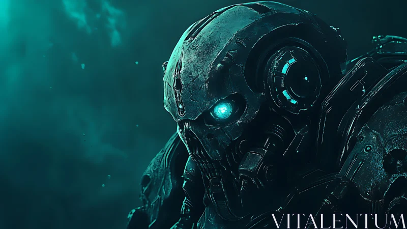 Cyan-illuminated tactical exoskeleton skull unit in vaporous void.