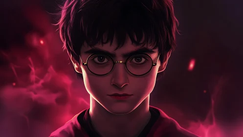 Young wizard portrait glows within intense crimson magic haze