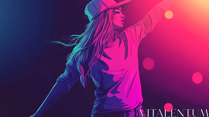 Neon colored digital dancer in cap under bright club lights.