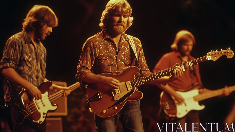 Vintage rock trio performing under warm stage tungsten lighting