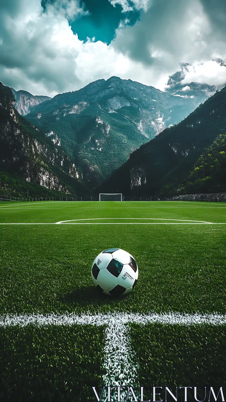 Soccer ball on mountain field rendered with dramatic depth cues