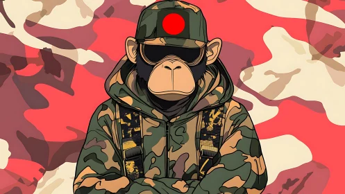 Camouflage-clad monkey soldier in stylized flat vector art