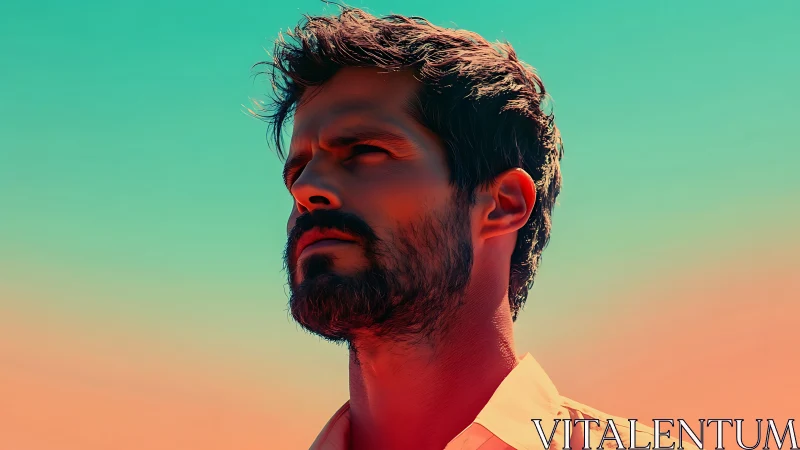 Bearded man portrait under stylized teal and orange sky