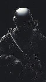 Silent chrome sentinel poised in the shadows of war.