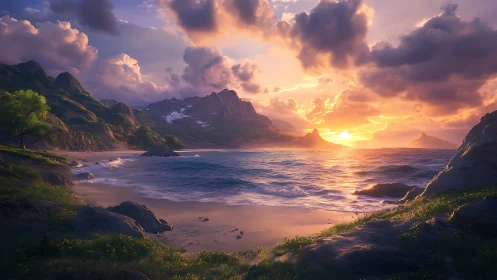 Digital painting seascape with luminous sunset and cliffs.