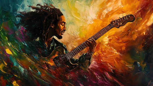 Expressive guitarist in swirling chromatic oil abstraction.