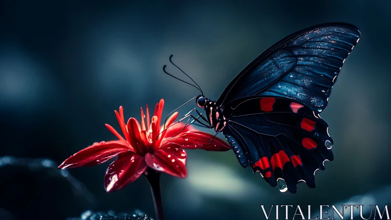 Butterfly rests on vivid red flower in dark macro scene