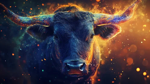 Digital painting bull portrait with luminous particle horn aura.