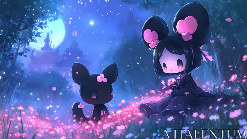 Cartoon girl and creature sit in luminous moonlit meadow