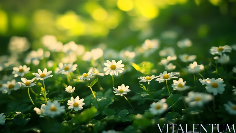 Daisy flower field with shallow depth of field focus.