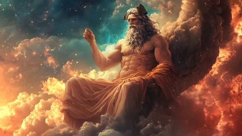 Colossal winged deity seated in volumetric celestial flames.