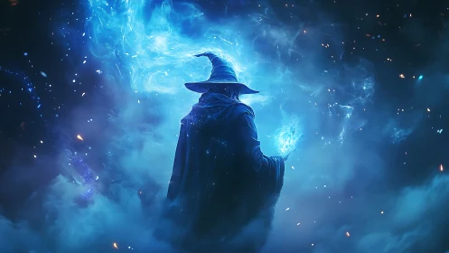 Digital painting of arcane wizard in blue ethereal storm.