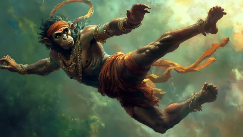 Heroic monkey warrior soaring through swirling golden skies.