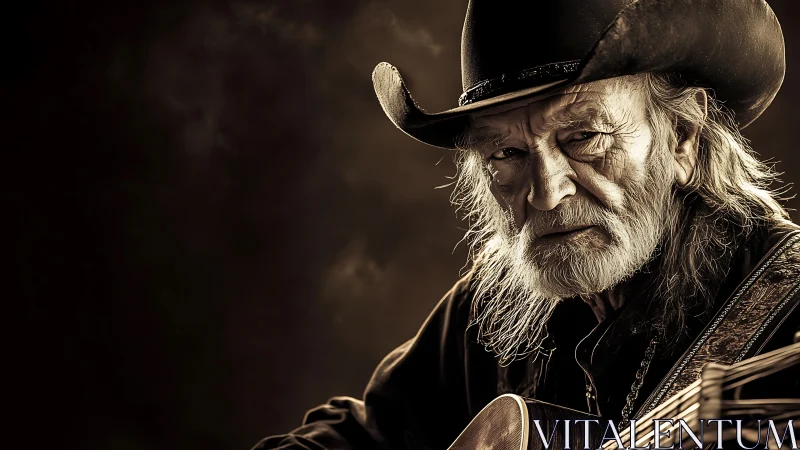 Cinematic portrait of elderly cowboy guitarist in chiaroscuro light.