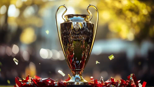 Golden champions cup crowned in drifting sunset confetti.