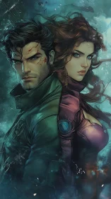 Dual heroic profiles in turbulent teal atmospheric field.