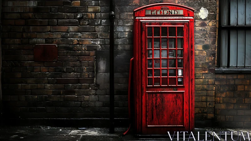 Red British phone box against weathered brick wall at night.