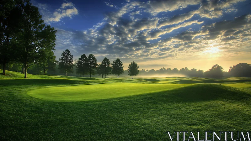 Sunrise glow over peaceful, rolling golf course greens.