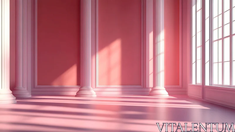 Sunlit pink neoclassical interior shows columns and windows