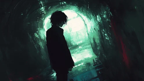 Silhouetted loner walks toward eerie neon tunnel light