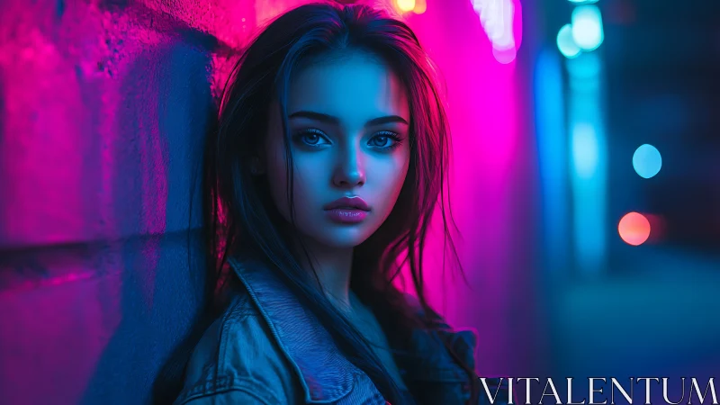 Neon city evening with a thoughtful girl in gentle glow.