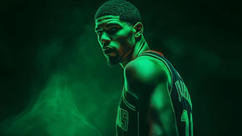 Basketball star portrait under dramatic neon green light.
