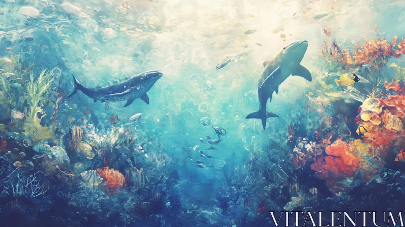 Painterly reef scene shows sharks and tropical fish in diffuse light