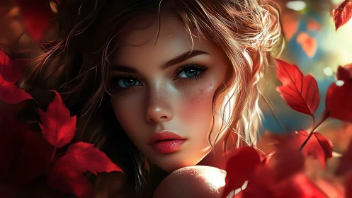 Digital painting portrait in autumnal crimson foliage frame.