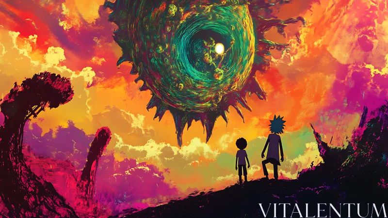 Two figures watch cosmic vortex over vivid alien sky.