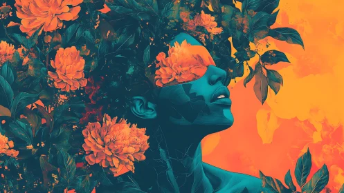 Neon cyan portrait entwined with orange florals and foliage