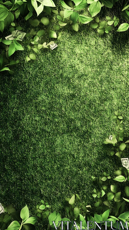 Green grass background with leaves and hidden money border.