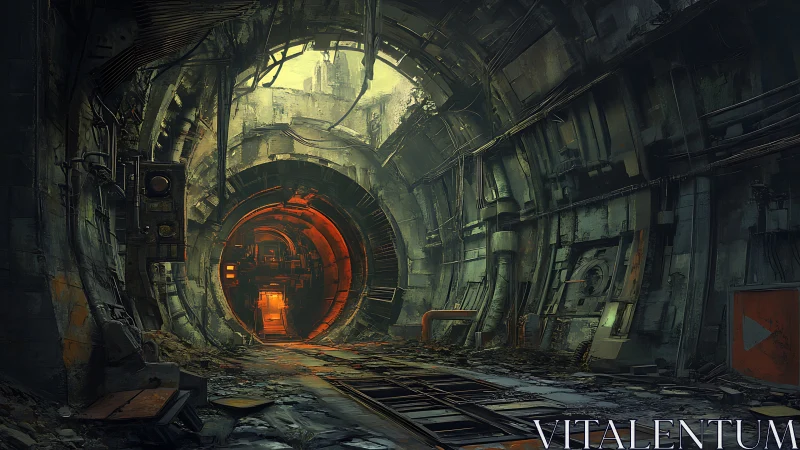 Abandoned industrial tunnel with glowing circular core.