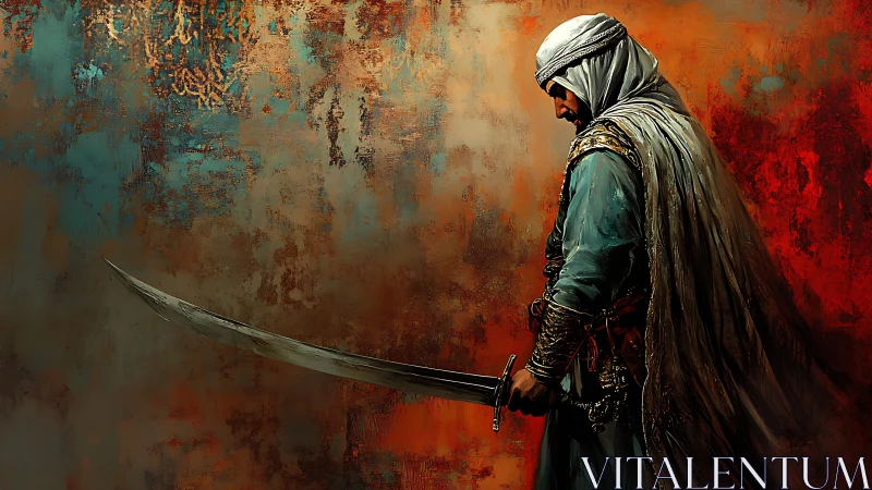 Reflective desert warrior resting his curved blade in silence.