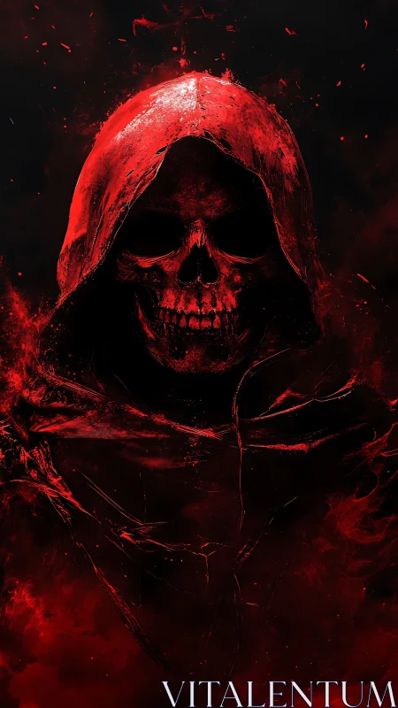 Hooded red skull figure emerges from dark abstract background