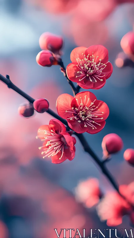 Coral plum blossoms drift through cotton-candy twilight.