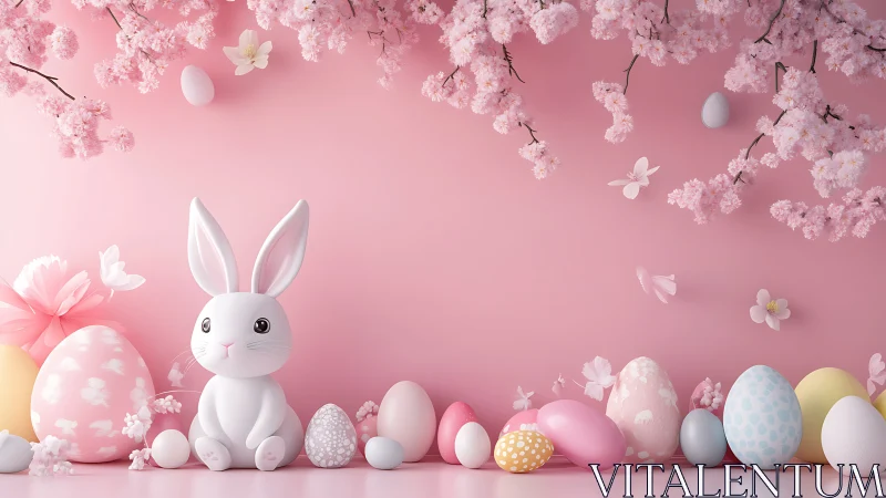 White bunny sits among pastel Easter eggs under blossoms